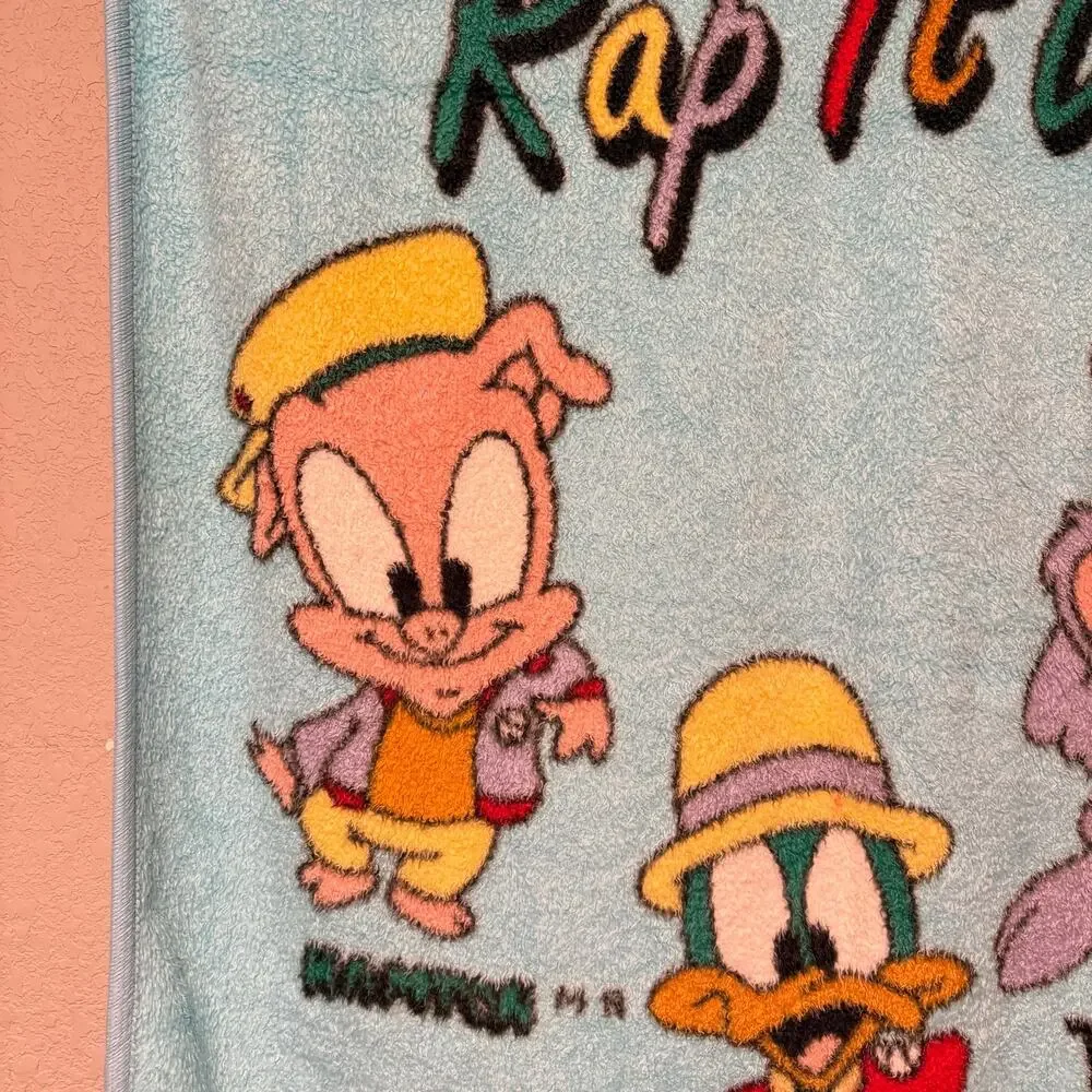 Vtg 90s Y2K Tiny Toons Rap it Up! plush blanket - blue Looney Tunes 53 x 45